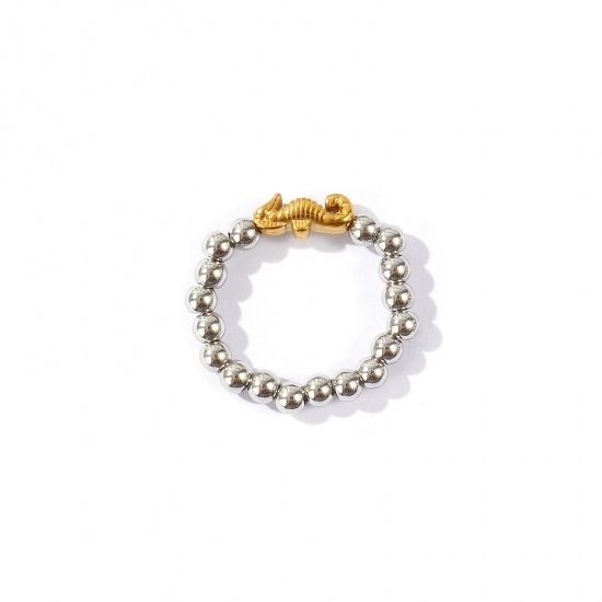 Picture of Wholesale Women's Gift Seahorse Animal Elastic Stretch Beaded Rings, 18K Real Gold Plated & Silver Tone 304 Stainless Steel, Eco-friendly PVD Waterproof Anti-Tarnish Hypoallergenic Ocean Jewelry Stylish Jewelry Supply, 18.5mm(US size 8.5), 1 Piece