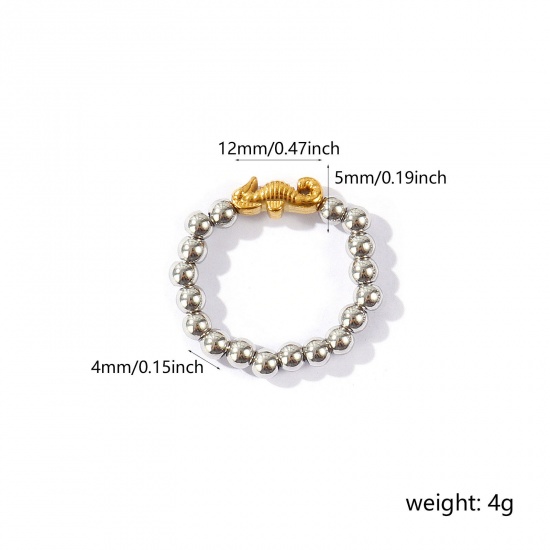 Picture of Wholesale Women's Gift Seahorse Animal Elastic Stretch Beaded Rings, 18K Real Gold Plated & Silver Tone 304 Stainless Steel, Eco-friendly PVD Waterproof Anti-Tarnish Hypoallergenic Ocean Jewelry Stylish Jewelry Supply, 18.5mm(US size 8.5), 1 Piece