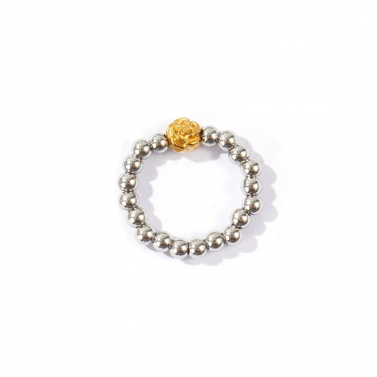 Picture of Wholesale Women's Gift Flower Elastic Stretch Beaded Rings, 18K Real Gold Plated & Silver Tone 304 Stainless Steel, Eco-friendly PVD Waterproof Anti-Tarnish Hypoallergenic Exquisite Stylish Jewelry Supply, 18.5mm(US size 8.5), 1 Piece