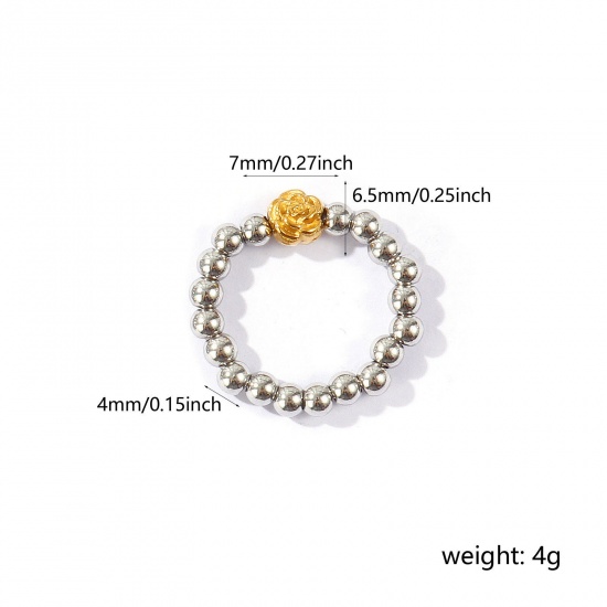 Picture of Wholesale Women's Gift Flower Elastic Stretch Beaded Rings, 18K Real Gold Plated & Silver Tone 304 Stainless Steel, Eco-friendly PVD Waterproof Anti-Tarnish Hypoallergenic Exquisite Stylish Jewelry Supply, 18.5mm(US size 8.5), 1 Piece