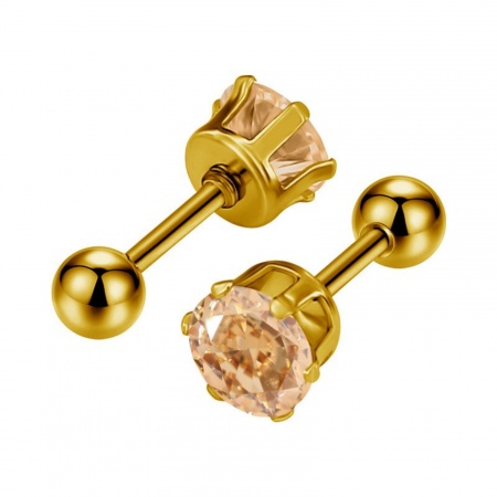 Immagine di Squisito Elegante Orecchini a Perno All'Ingrosso, Champagne Circonio Cubico Placcato Oro 18K 304 Acciaio Inossidabile, Donne PVD Ecologica Regalo Fornitura di Gioielli, 8mm Dia., 2 Pz