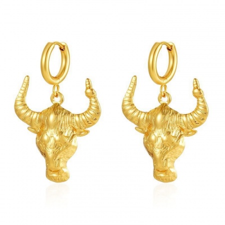 Imagen de Elegante Elegante Pendientes de Aro Al Por Mayor, Cabeza de Toro/Cabeza de Vaca Chapado en Oro de 18K 304 Acero Inoxidable, Mujeres Regalo Suministro de Joyería, 1 Par