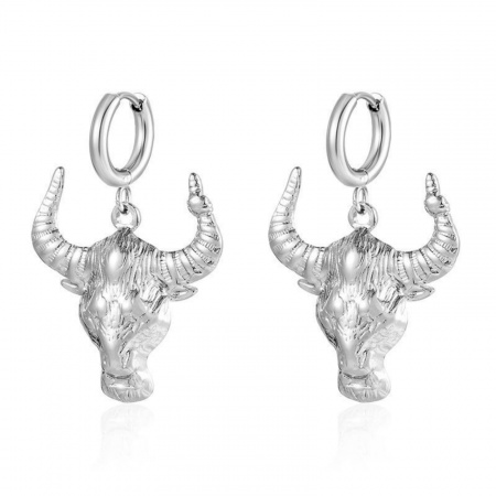 Imagen de Elegante Elegante Pendientes de Aro Al Por Mayor, Cabeza de Toro/Cabeza de Vaca Tono de Plata 304 Acero Inoxidable, Mujeres Respetuoso del Medio Ambiente Regalo Suministro de Joyería, 1 Par