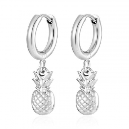 Imagen de Elegante Elegante Pendientes de Aro Al Por Mayor, Piña Tono de Plata 304 Acero Inoxidable, Mujeres Respetuoso del Medio Ambiente Regalo Suministro de Joyería, 1 Par