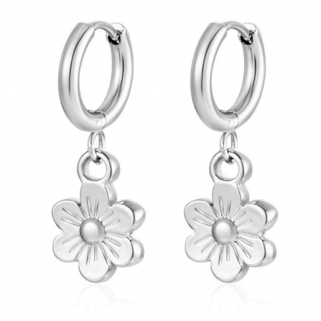 Imagen de Elegante Elegante Pendientes de Aro Al Por Mayor, Flor Tono de Plata 304 Acero Inoxidable, Mujeres Respetuoso del Medio Ambiente Regalo Suministro de Joyería, 1 Par