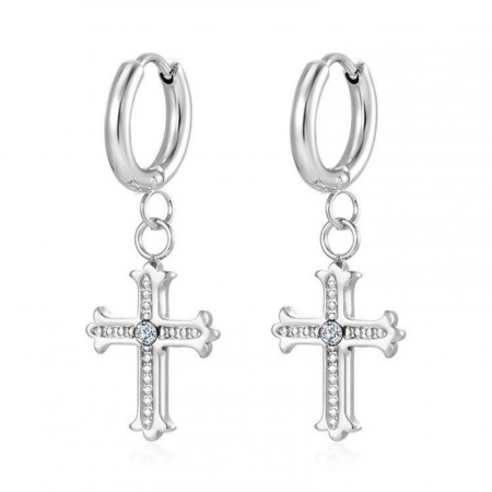 Imagen de Religión Elegante Pendientes de Aro Al Por Mayor, Cruz Tono de Plata 304 Acero Inoxidable, Mujeres Respetuoso del Medio Ambiente Regalo Suministro de Joyería, 1 Par