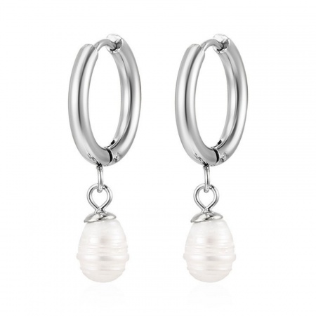 Imagen de Elegante Elegante Pendientes de Aro Al Por Mayor, Tono de Plata Acero Inoxidable 304 & Perla Natural, Mujeres Respetuoso del Medio Ambiente Regalo Suministro de Joyería, 1 Par