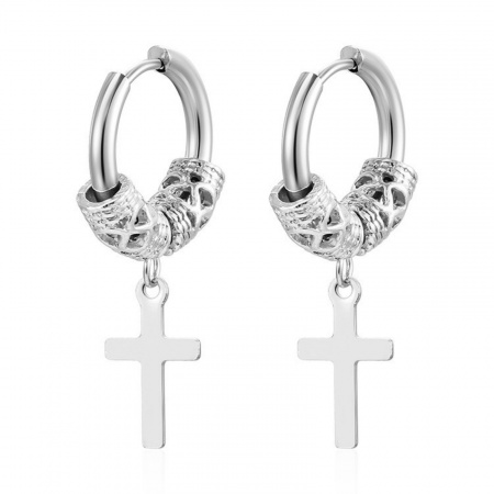 Imagen de Religión Elegante Pendientes de Aro Al Por Mayor, Cruz Tono de Plata 304 Acero Inoxidable, Mujeres Respetuoso del Medio Ambiente Regalo Suministro de Joyería, 1 Par