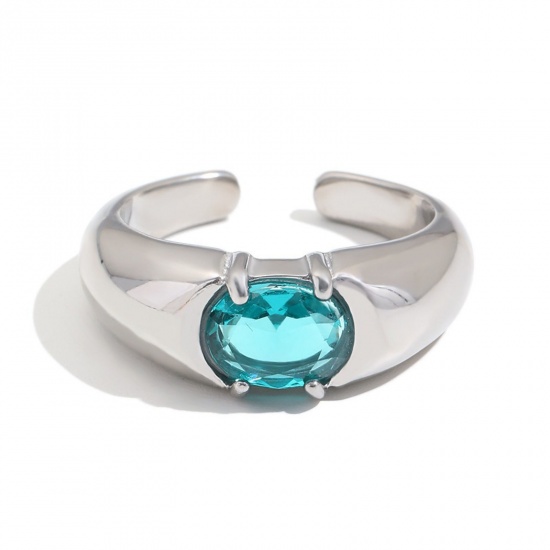 Immagine di Maschile Regalo Verde Blu Circonio Cubico Aperto Anello All'Ingrosso, Tono Argento 304 Acciaio Inossidabile, Squisito Elegante Fornitura di Gioielli, 22.5mm (taglia di US: 13.25), 1 Pz