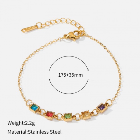 Picture of Wholesale Square Multicolour Cubic Zirconia 304 Stainless Steel Bracelets, 18K Gold Plated Eco-friendly PVD, Women's Exquisite Stylish Gift Jewelry Supply, 17.5cm(6.9") + 3.5cm(1.4") long, 1 Piece
