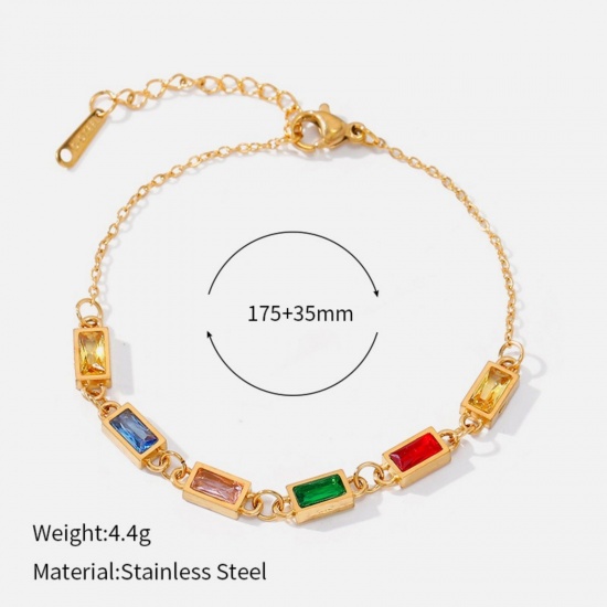 Picture of Wholesale Rectangle Multicolour Cubic Zirconia 304 Stainless Steel Bracelets, 18K Gold Plated Eco-friendly PVD, Women's Exquisite Stylish Gift Jewelry Supply, 17.5cm(6.9") + 3.5cm(1.4") long, 1 Piece