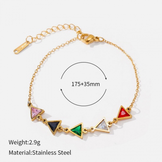 Picture of Wholesale Triangle Multicolour Cubic Zirconia 304 Stainless Steel Bracelets, 18K Gold Plated Eco-friendly PVD, Women's Exquisite Stylish Gift Jewelry Supply, 17.5cm(6.9") + 3.5cm(1.4") long, 1 Piece