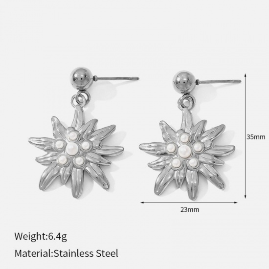 Picture of Wholesale Exquisite Stylish Ear Post Stud Earrings, Flower Silver Tone 304 Stainless Steel, Women's Eco-friendly PVD Gift Jewelry Supply, 3.5cm x 2.3cm, 1 Pair