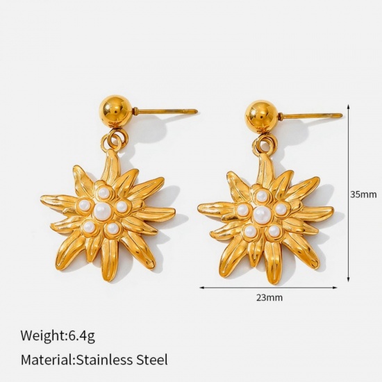 Picture of Wholesale Exquisite Stylish Ear Post Stud Earrings, Flower 18K Gold Plated 304 Stainless Steel, Women's Eco-friendly PVD Gift Jewelry Supply, 3.5cm x 2.3cm, 1 Pair