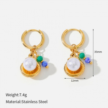 Picture of Wholesale Ocean Jewelry Stylish Hoop Earrings, Shell 18K Gold Plated 304 Stainless Steel, Women's Eco-friendly PVD Gift Jewelry Supply, 35mm x 12mm, 1 Pair