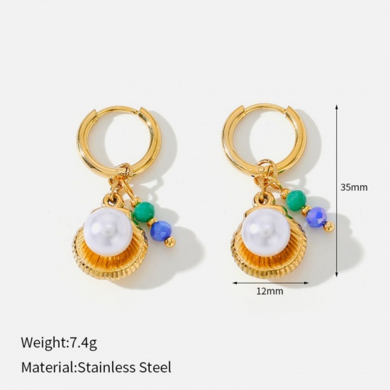 Immagine di Gioielli Oceanici Elegante Orecchini Circolari All'Ingrosso, Conchiglia Placcato Oro 18K 304 Acciaio Inossidabile, Donne PVD Ecologica Regalo Fornitura di Gioielli, 35mm x 12mm, 1 Paio