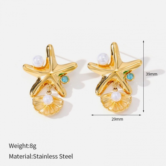 Immagine di Gioielli Oceanici Elegante Orecchini Circolari All'Ingrosso, Stella di Mare Conchiglia Placcato Oro 18K 304 Acciaio Inossidabile, Donne PVD Ecologica Regalo Fornitura di Gioielli, 39mm x 29mm, 1 Paio