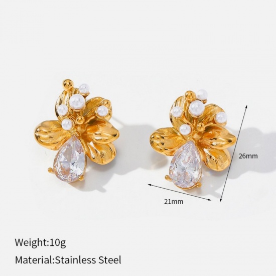 Immagine di Squisito Elegante Orecchini a Perno All'Ingrosso, Fiore Trasparente Strass Perla Imitato Acrilico Placcato Oro 18K 304 Acciaio Inossidabile, Donne PVD Ecologica Regalo Fornitura di Gioielli, 26mm x 21mm, 1 Paio