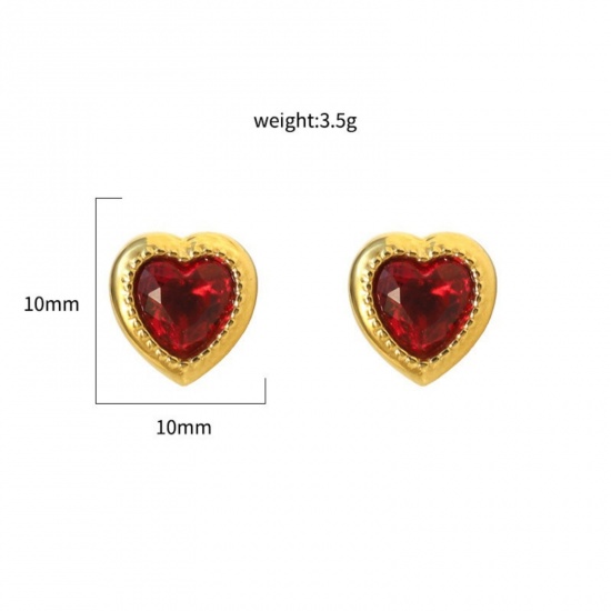 Immagine di San Valentino Elegante Orecchini a Perno All'Ingrosso, Cuore Rosso Circonio Cubico Placcato Oro 18K 304 Acciaio Inossidabile, Donne PVD Ecologica Regalo Fornitura di Gioielli, 10mm x 10mm, 1 Paio