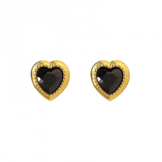 Immagine di San Valentino Elegante Orecchini a Perno All'Ingrosso, Cuore Nero Circonio Cubico Placcato Oro 18K 304 Acciaio Inossidabile, Donne PVD Ecologica Regalo Fornitura di Gioielli, 10mm x 10mm, 1 Paio