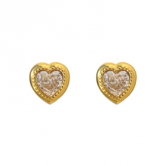 Immagine di San Valentino Elegante Orecchini a Perno All'Ingrosso, Cuore Trasparente Circonio Cubico Placcato Oro 18K 304 Acciaio Inossidabile, Donne PVD Ecologica Regalo Fornitura di Gioielli, 10mm x 10mm, 1 Paio