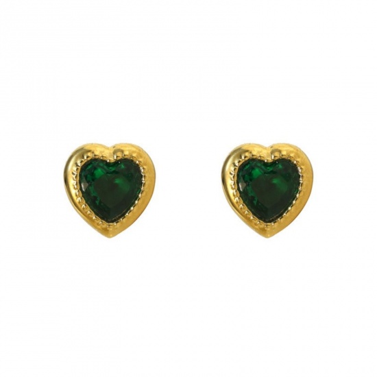 Immagine di San Valentino Elegante Orecchini a Perno All'Ingrosso, Cuore Verde Circonio Cubico Placcato Oro 18K 304 Acciaio Inossidabile, Donne PVD Ecologica Regalo Fornitura di Gioielli, 10mm x 10mm, 1 Paio