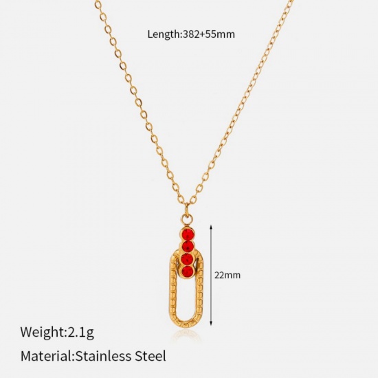 Picture of Wholesale Oval Red Rhinestone Pendant Charm Necklace, 18K Gold Plated 304 Stainless Steel Women's Eco-friendly PVD Geometric Stylish Gift Jewelry For Retailer, 38.2cm(15") + 5.5cm(2.2") long, 1 Piece