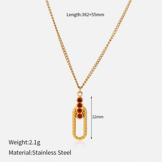 Picture of Wholesale Oval Dark Red Rhinestone Pendant Charm Necklace, 18K Gold Plated 304 Stainless Steel Women's Eco-friendly PVD Geometric Stylish Gift Jewelry For Retailer, 38.2cm(15") + 5.5cm(2.2") long, 1 Piece
