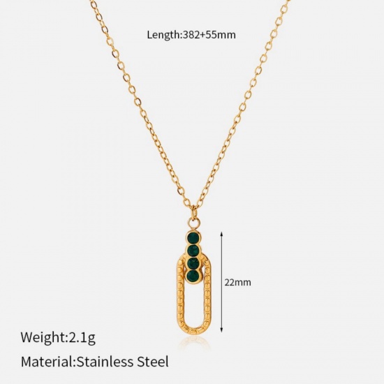 Picture of Wholesale Oval Green Rhinestone Pendant Charm Necklace, 18K Gold Plated 304 Stainless Steel Women's Eco-friendly PVD Geometric Stylish Gift Jewelry For Retailer, 38.2cm(15") + 5.5cm(2.2") long, 1 Piece