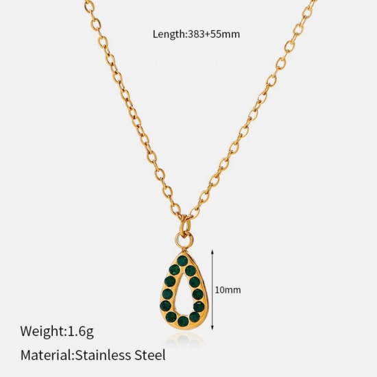 Picture of Wholesale Drop Green Rhinestone Pendant Charm Necklace, 18K Gold Plated 304 Stainless Steel Women's Eco-friendly PVD Geometric Stylish Gift Jewelry For Retailer, 38.3cm(15.1") + 5.5cm(2.2") long, 1 Piece