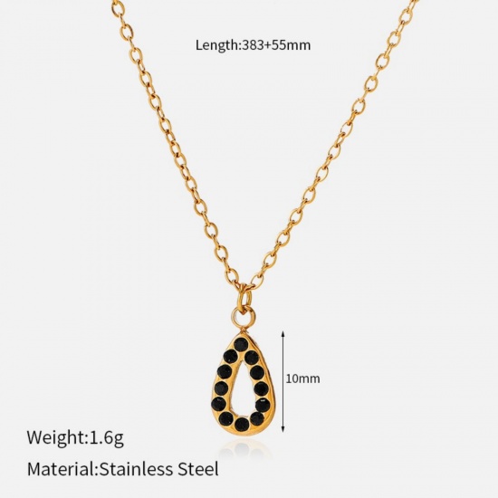 Picture of Wholesale Drop Black Rhinestone Pendant Charm Necklace, 18K Gold Plated 304 Stainless Steel Women's Eco-friendly PVD Geometric Stylish Gift Jewelry For Retailer, 38.3cm(15.1") + 5.5cm(2.2") long, 1 Piece