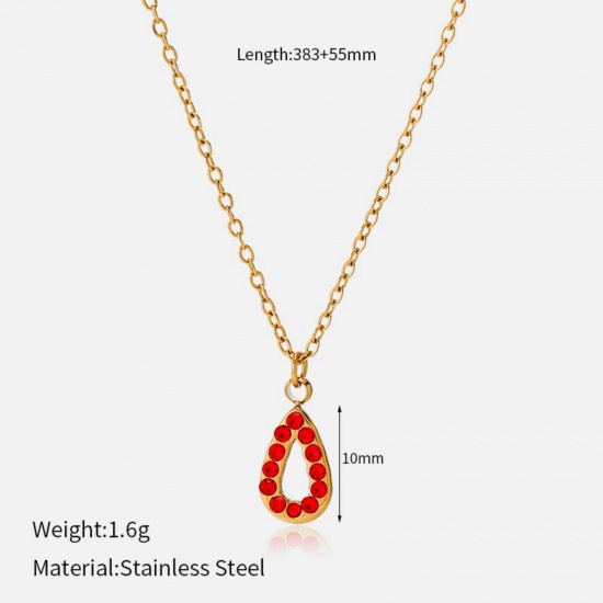 Picture of Wholesale Drop Red Rhinestone Pendant Charm Necklace, 18K Gold Plated 304 Stainless Steel Women's Eco-friendly PVD Geometric Stylish Gift Jewelry For Retailer, 38.3cm(15.1") + 5.5cm(2.2") long, 1 Piece