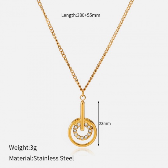 Picture of Wholesale Circle Ring Clear Rhinestone Pendant Charm Necklace, 18K Gold Plated 304 Stainless Steel Women's Eco-friendly PVD Geometric Stylish Gift Jewelry For Retailer, 38cm(15") + 5.5cm(2.2") long, 1 Piece