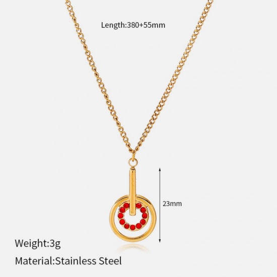 Picture of Wholesale Circle Ring Red Rhinestone Pendant Charm Necklace, 18K Gold Plated 304 Stainless Steel Women's Eco-friendly PVD Geometric Stylish Gift Jewelry For Retailer, 38cm(15") + 5.5cm(2.2") long, 1 Piece