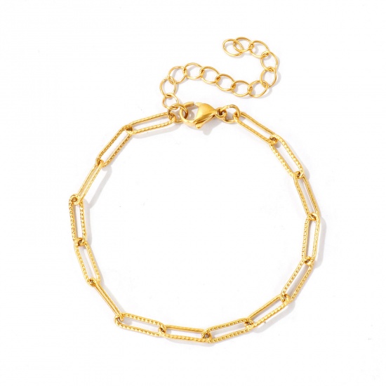 Picture of Wholesale 304 Stainless Steel Paperclip Link Chain Bracelets, 18K Real Gold Plated Eco-friendly PVD Waterproof Anti-Tarnish Hypoallergenic, Women's Simple Stylish Gift Jewelry Supply, 17cm(6.7") + 5cm(2") long, Chain Size: 4mm, 1 Piece