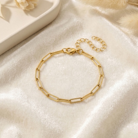 Picture of Wholesale 304 Stainless Steel Paperclip Link Chain Bracelets, 18K Real Gold Plated Eco-friendly PVD Waterproof Anti-Tarnish Hypoallergenic, Women's Simple Stylish Gift Jewelry Supply, 17cm(6.7") + 5cm(2") long, Chain Size: 4mm, 1 Piece
