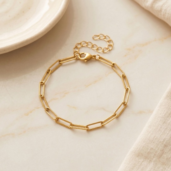 Picture of Wholesale 304 Stainless Steel Paperclip Link Chain Bracelets, 18K Real Gold Plated Eco-friendly PVD Waterproof Anti-Tarnish Hypoallergenic, Women's Simple Stylish Gift Jewelry Supply, 17cm(6.7") + 5cm(2") long, Chain Size: 4mm, 1 Piece