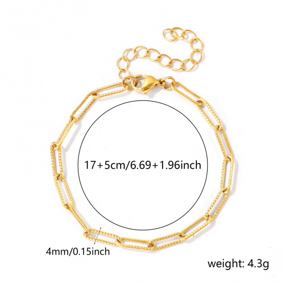 Picture of Wholesale 304 Stainless Steel Paperclip Link Chain Bracelets, 18K Real Gold Plated Eco-friendly PVD Waterproof Anti-Tarnish Hypoallergenic, Women's Simple Stylish Gift Jewelry Supply, 17cm(6.7") + 5cm(2") long, Chain Size: 4mm, 1 Piece