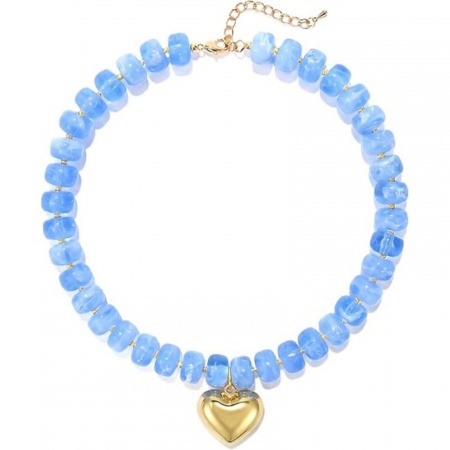Imagen de Corazón Azul Cielo Collar de Cuentas Al Por Mayor, Chapado en Oro de 18K Acero Inoxidable & Resina Mujeres Étnico Bohemia Regalo Joyería Para Minorista, 40cm + 5cm longitud, 1 Unidad
