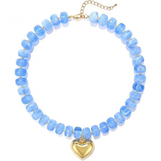 Picture of Wholesale Heart Skyblue Beaded Necklace, 18K Gold Plated Stainless Steel & Resin Women's Ethnic Bohemia Boho Gift Jewelry For Retailer, 40cm(15.7") + 5cm(2") long, 1 Piece