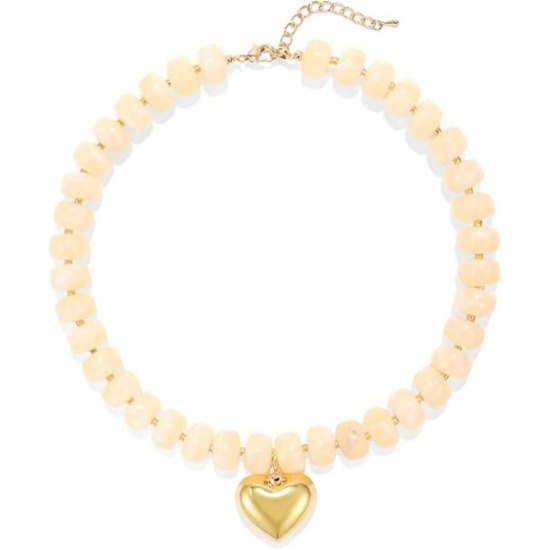 Picture of Wholesale Heart Beige Beaded Necklace, 18K Gold Plated Stainless Steel & Resin Women's Ethnic Bohemia Boho Gift Jewelry For Retailer, 40cm(15.7") + 5cm(2") long, 1 Piece