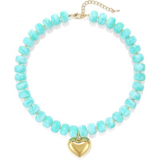 Picture of Wholesale Heart Green Blue Beaded Necklace, 18K Gold Plated Stainless Steel & Resin Women's Ethnic Bohemia Boho Gift Jewelry For Retailer, 40cm(15.7") + 5cm(2") long, 1 Piece
