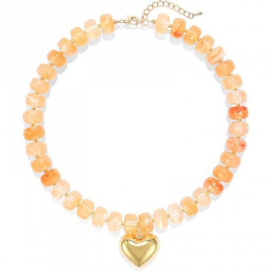 Picture of Wholesale Heart Orange Beaded Necklace, 18K Gold Plated Stainless Steel & Resin Women's Ethnic Bohemia Boho Gift Jewelry For Retailer, 40cm(15.7") + 5cm(2") long, 1 Piece