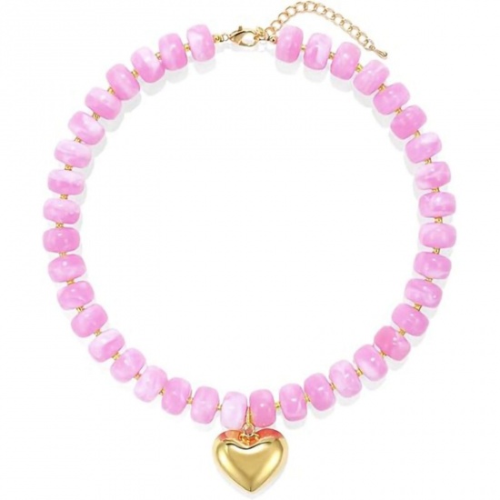 Picture of Wholesale Heart Pink Beaded Necklace, 18K Gold Plated Stainless Steel & Resin Women's Ethnic Bohemia Boho Gift Jewelry For Retailer, 40cm(15.7") + 5cm(2") long, 1 Piece