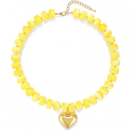 Bild von Großhandel Herz Gelb Perlenkette, 18K Vergoldet Edelstahl & Harz Frauen Ethnisch Böhmen Geschenk Schmuck für Einzelhändler, 40cm + 5cm lang, 1 Strang