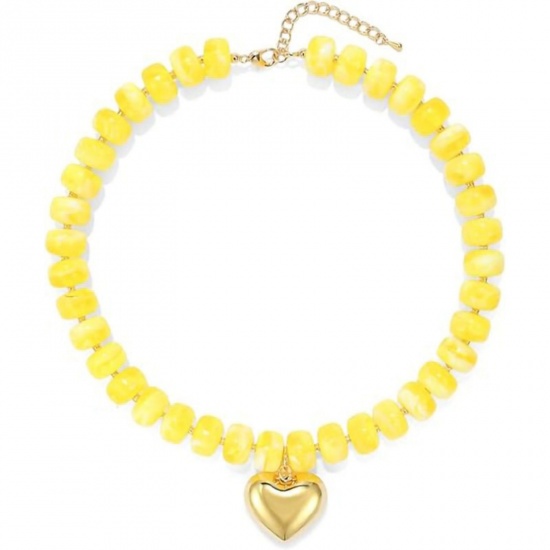 Picture of Wholesale Heart Yellow Beaded Necklace, 18K Gold Plated Stainless Steel & Resin Women's Ethnic Bohemia Boho Gift Jewelry For Retailer, 40cm(15.7") + 5cm(2") long, 1 Piece