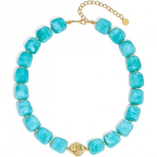 Immagine di Lago Blu Chiaro Collana di Perline All'Ingrosso, Placcato Oro 18K Acciaio Inossidabile & Resina, Donne Etnico Boemia Regalo Gioielli Per Rivenditore, 40cm + 5cm Lunghezza, 1 Pz