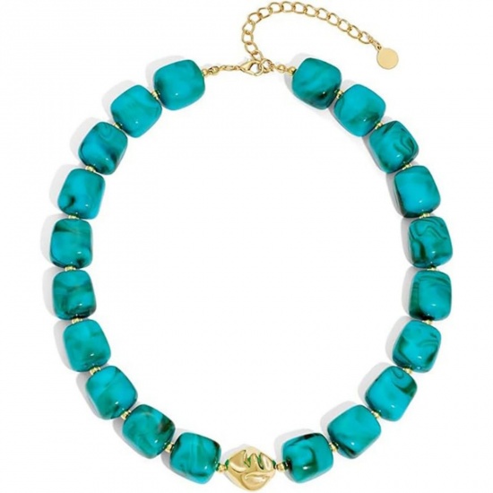 Immagine di Lago Blu Scuro Collana di Perline All'Ingrosso, Placcato Oro 18K Acciaio Inossidabile & Resina, Donne Etnico Boemia Regalo Gioielli Per Rivenditore, 40cm + 5cm Lunghezza, 1 Pz