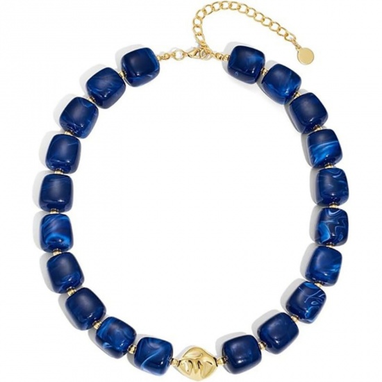 Immagine di Blu Scuro Collana di Perline All'Ingrosso, Placcato Oro 18K Acciaio Inossidabile & Resina, Donne Etnico Boemia Regalo Gioielli Per Rivenditore, 40cm + 5cm Lunghezza, 1 Pz