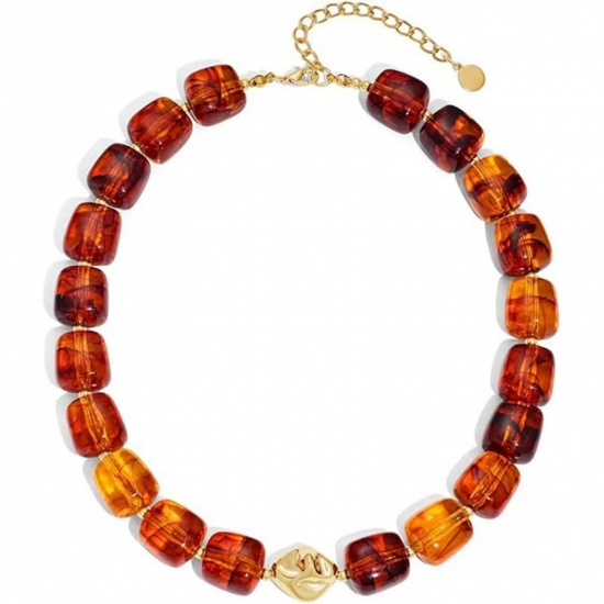 Immagine di Marrone Rosso Collana di Perline All'Ingrosso, Placcato Oro 18K Acciaio Inossidabile & Resina, Donne Etnico Boemia Regalo Gioielli Per Rivenditore, 40cm + 5cm Lunghezza, 1 Pz